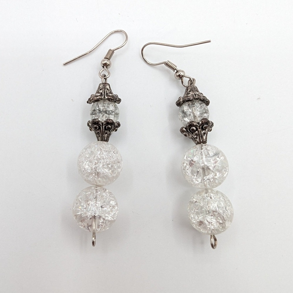 Clear Crackle Glass Bead Drop Earrings Silver Tone Filigree Boho Dangle‎ 2 Inch